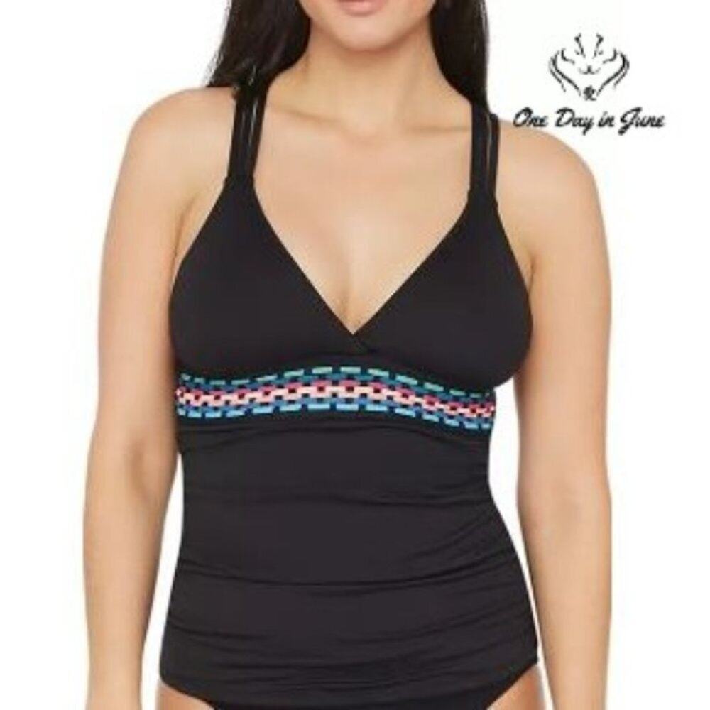 La Blanca Macrame Halterkini Tankini Swim Top Black NWT Size 16